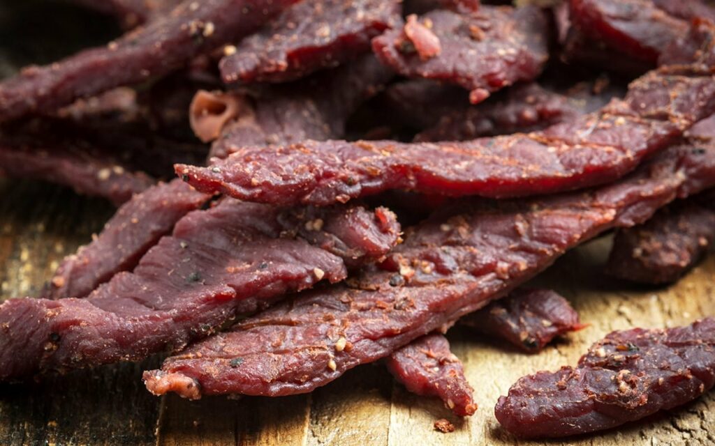 Beef jerky on a cutting board