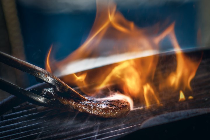 flaming BUrger on Grill