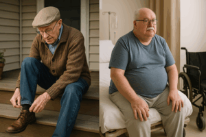 Wellness - 2 elderly gents, one tying his shoes the other obese on a hosp bed