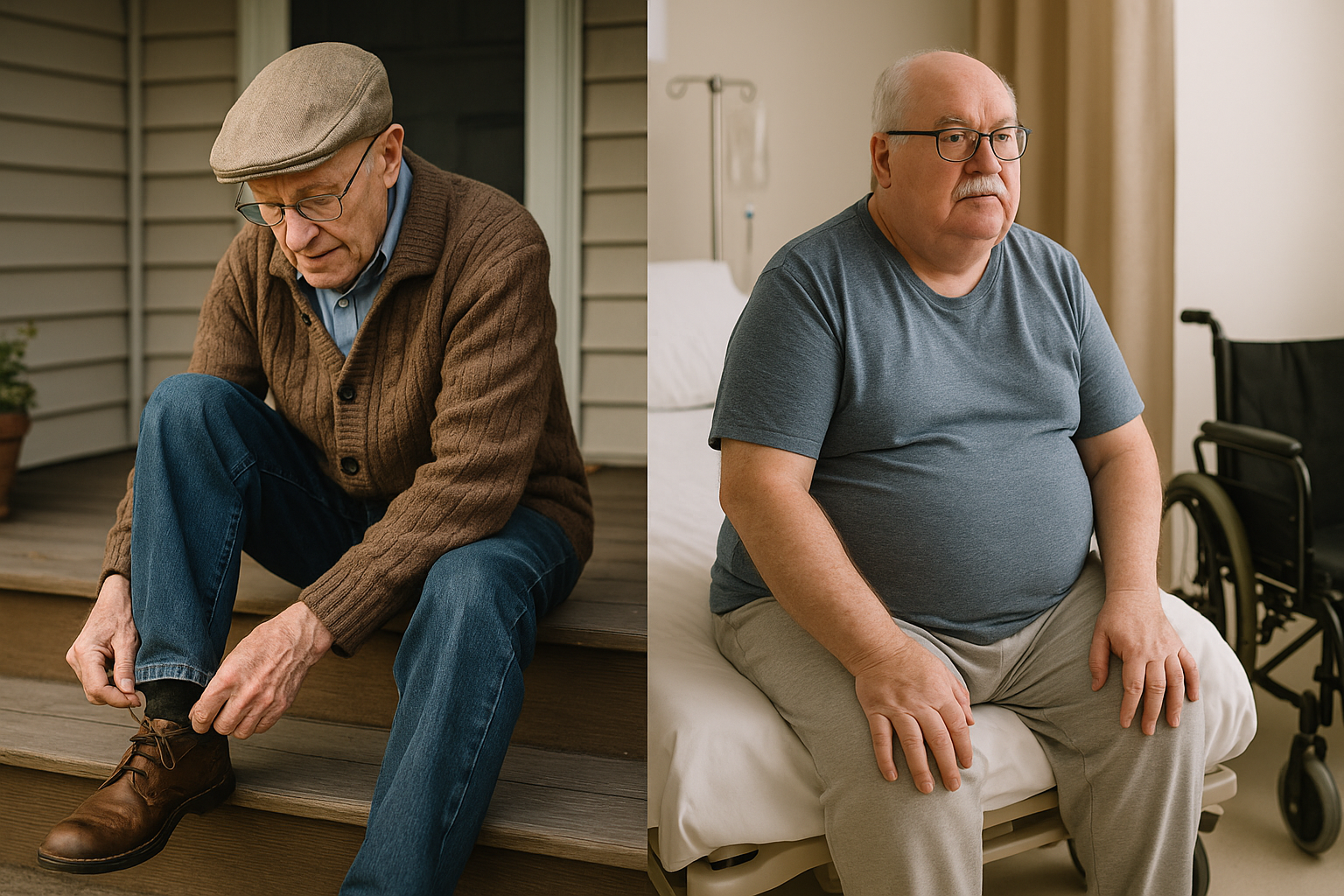 Wellness - 2 elderly gents, one tying his shoes the other obese on a hosp bed